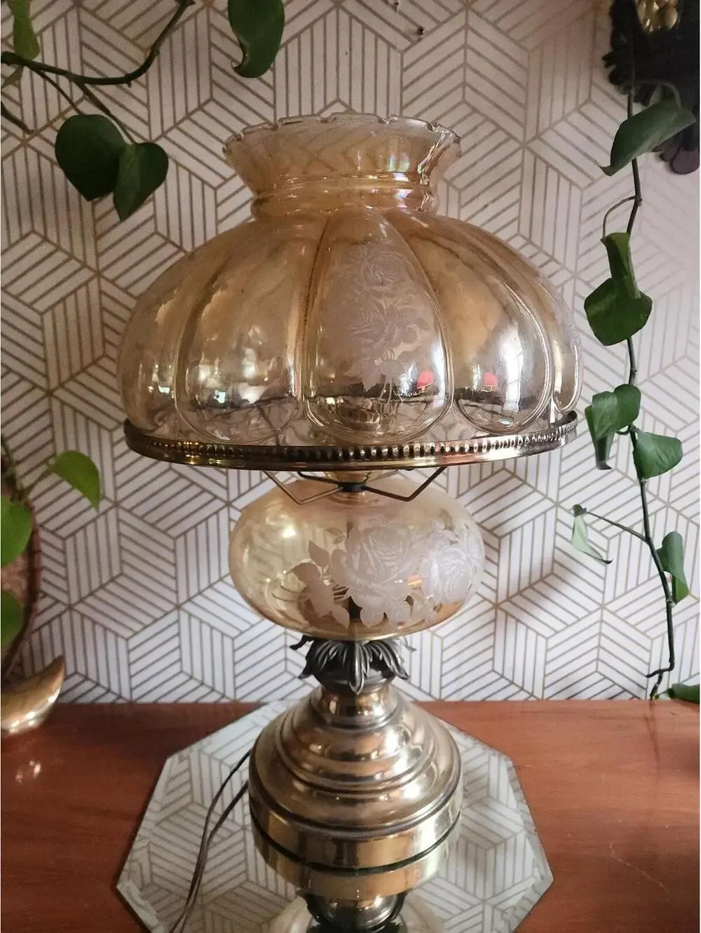 Vintage Clear Amber Glass Hurricane Gone With The Wind Floral Table Lamp 20